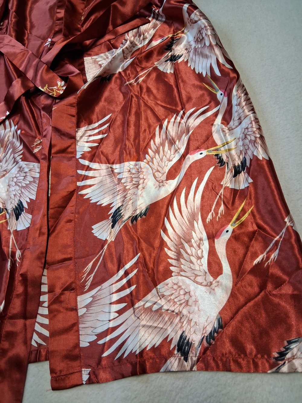 Red Satin Crane Print Kimono Robe - Picture 3 of 5